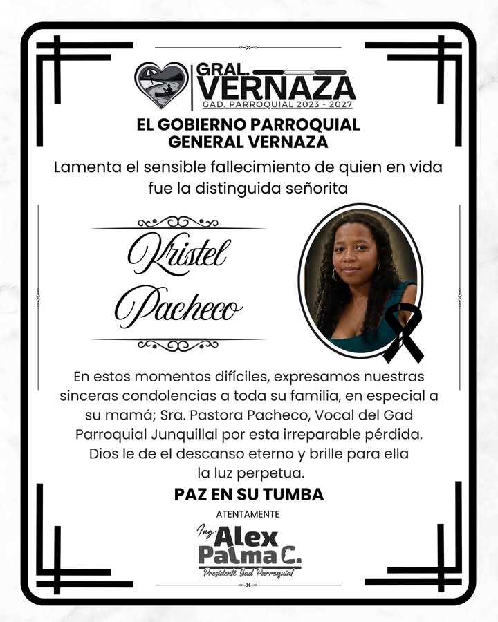 GAD Parroquial General Vernaza lamenta el fallecimiento de Kristel Pacheco
